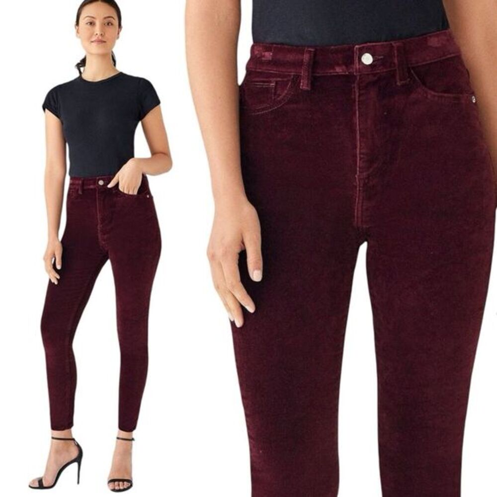 DL1961 CHRISSY‎ Ultra High Rise Velvet Skinny Jeans Size 24 Manor Burgundy Pants